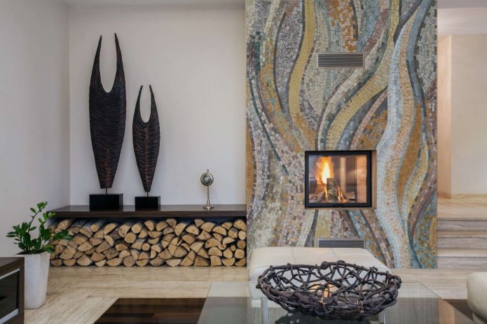 fireplace lined with tiles