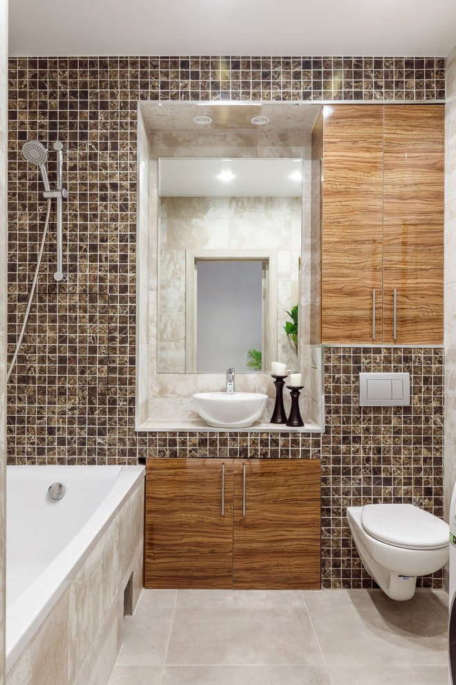 mosaic on the walls in the bathroom interior