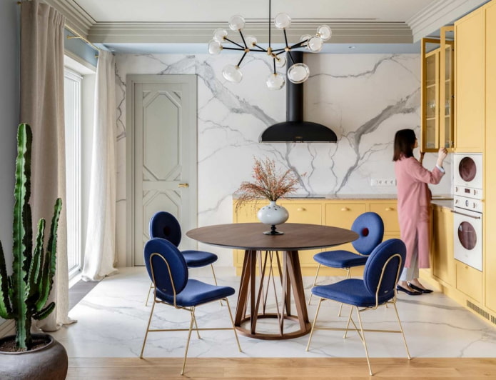 a combination of marble and wooden floors