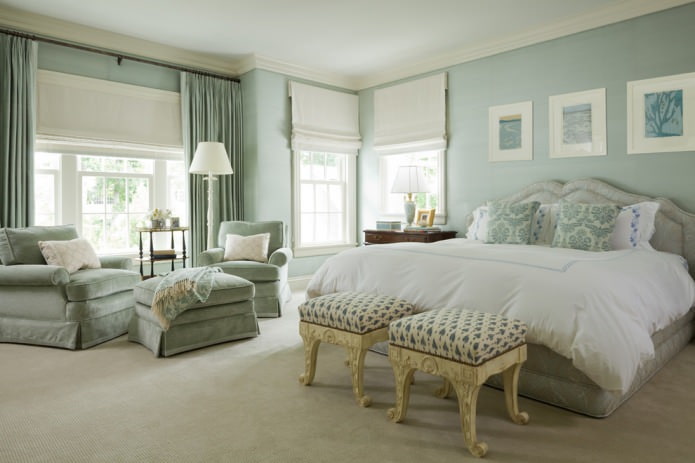 bedroom in pastel mint tones