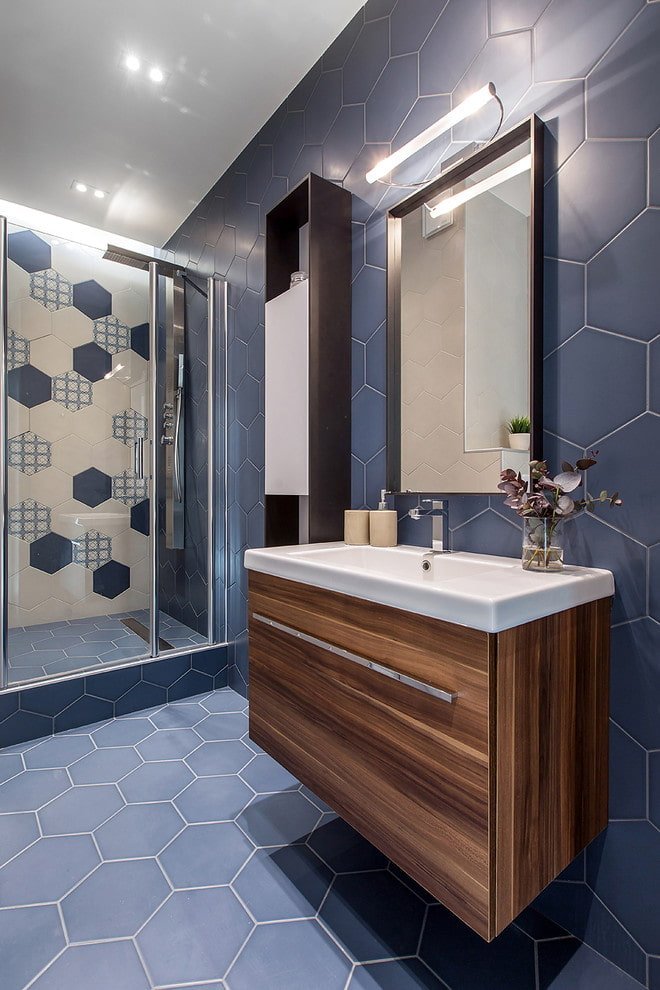 blue floor tiles in the interior
