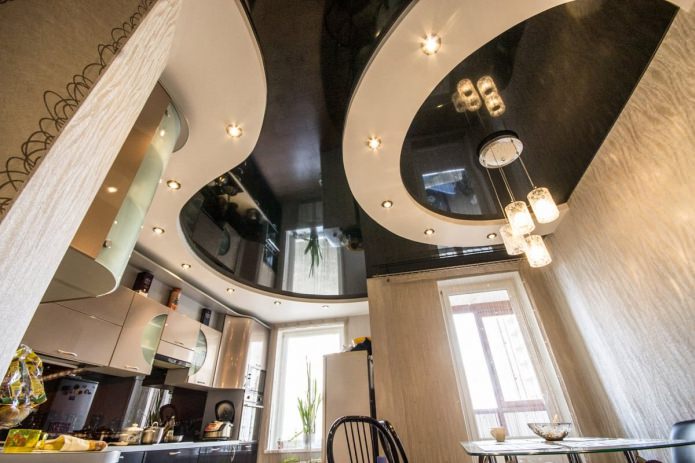 Glossy stretch ceiling in the kitchen