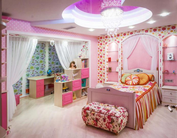 stretch ceiling in the interior of the nursery for a girl