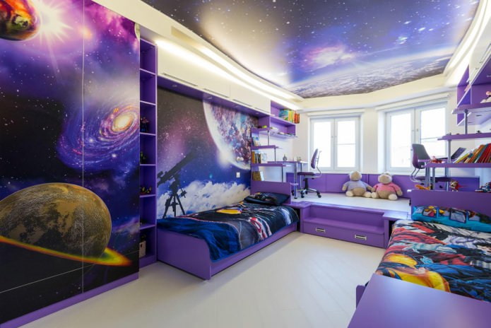 children's room for two boys in purple