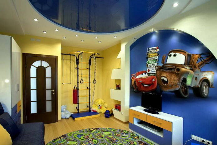glossy PVC stretch ceiling in blue color in a boy's room