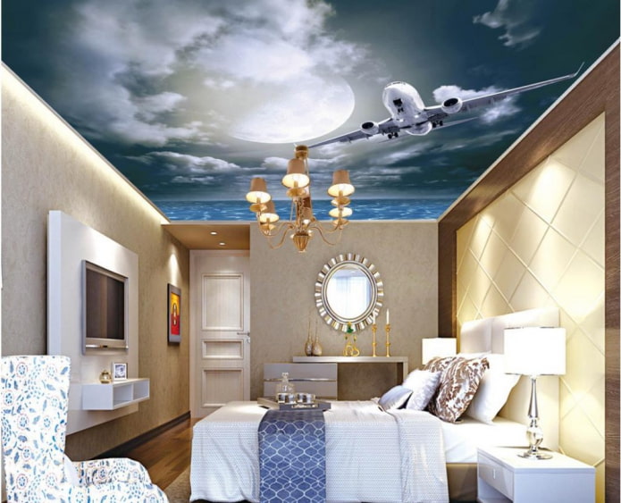 ceiling with the image of the sky and an airplane in the bedroom