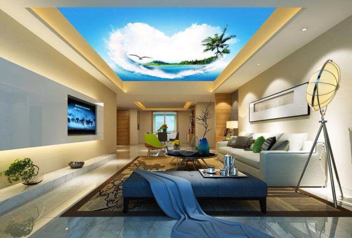 ceiling with an image of a beach in the living room