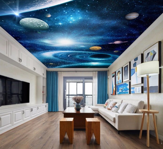 ceiling with an image of space in the living room