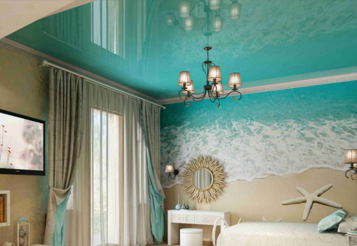 turquoise stretch ceiling in the interior