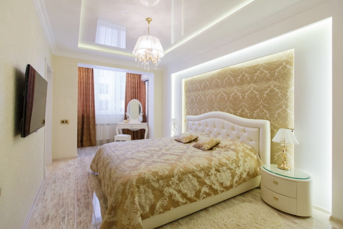 stretched ceiling with a chandelier in the interior