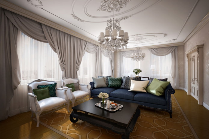 stretched ceiling with stucco molding in the living room