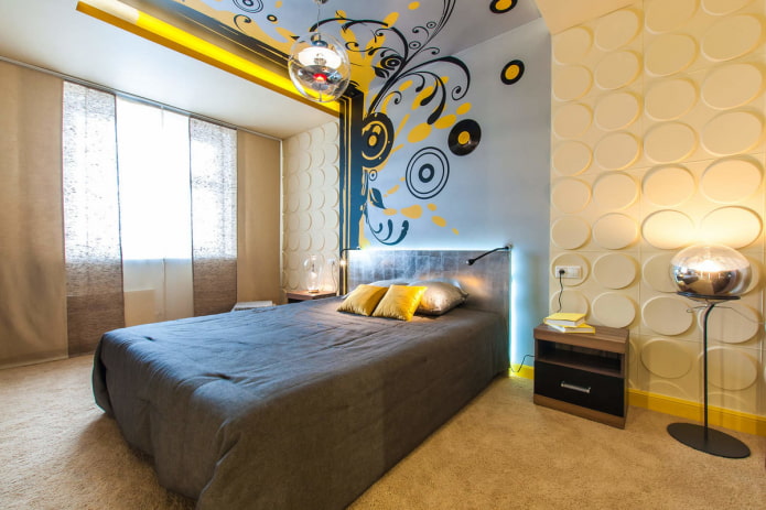 stretched fabric with a transition to the wall in the bedroom