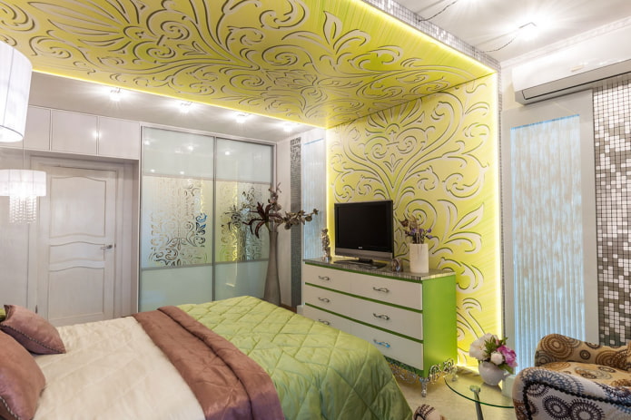 stretched fabric with a transition to the wall in the bedroom