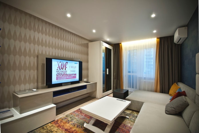 tension structure with a niche for curtains in the living room