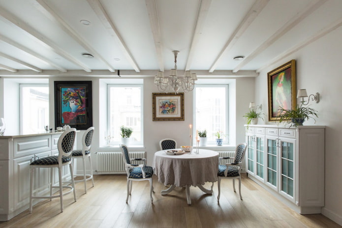 tension canvas with beams in the dining room