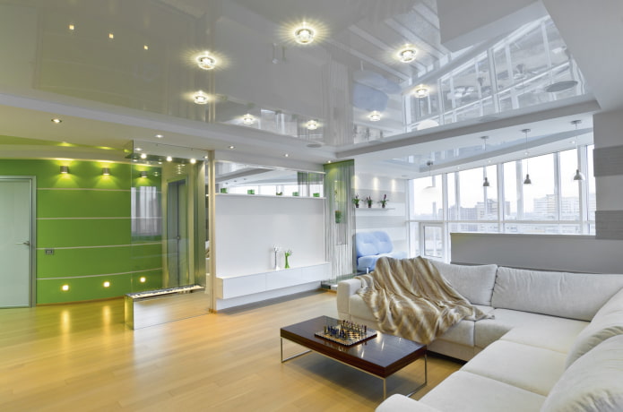 stretched ceiling with spotlights in the interior
