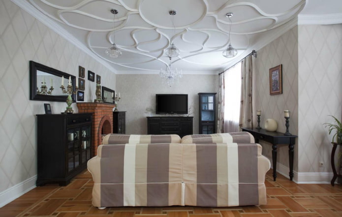 stretched ceiling with stucco molding in the living room