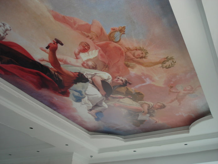 stretched ceiling with photo printing in the form of a fresco