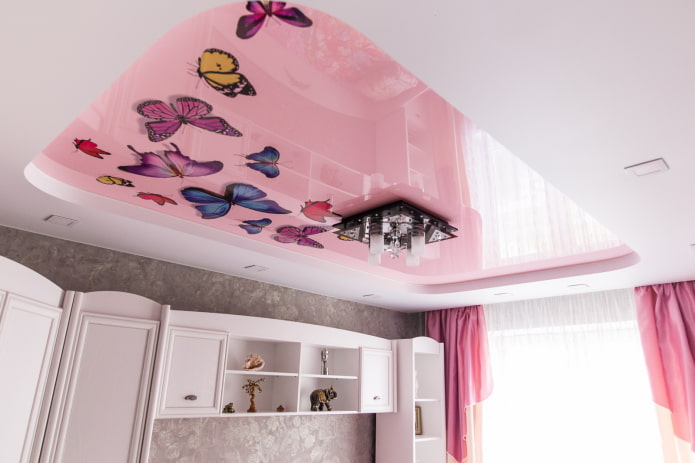 pink stretch ceiling with butterflies