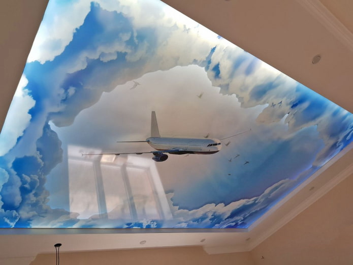 ceiling with the image of the sky and an airplane