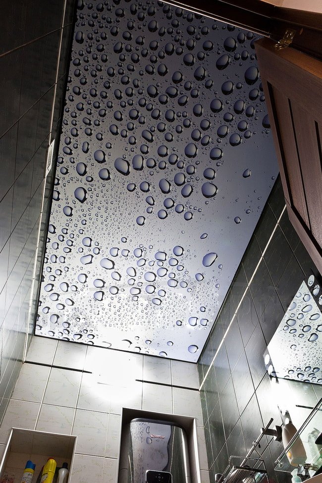 stretched ceiling with photo printing in the bathroom