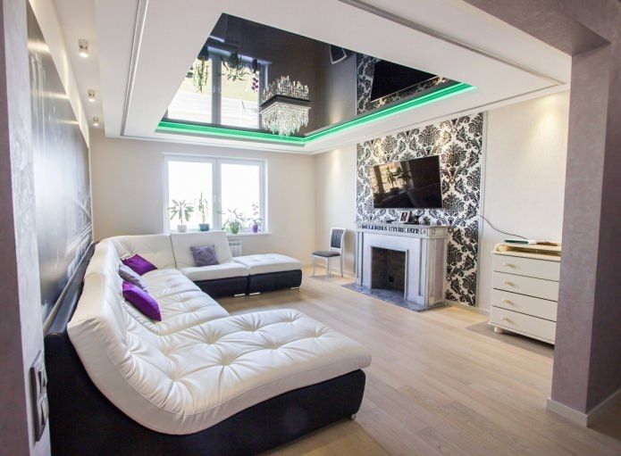 Two-level stretch ceiling in the living room interior