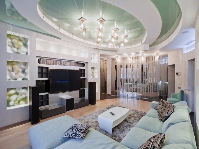 Lighting in the living room with stretch ceilings