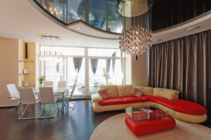 Complex shape of stretch ceiling in the living room