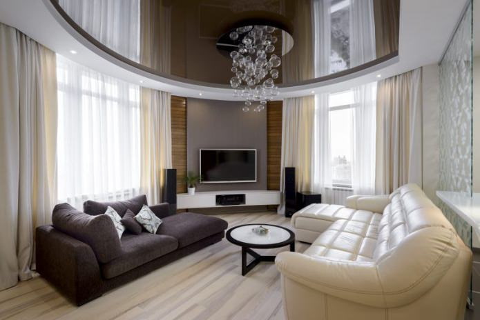 Two-color stretch ceiling in the living room