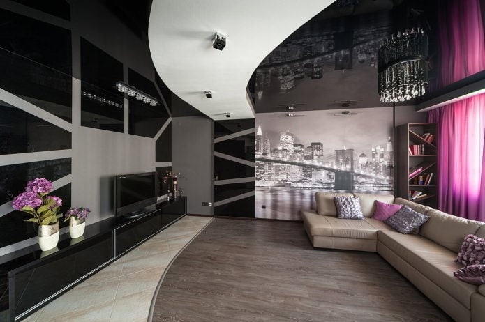 Two-level stretch ceiling in the living room