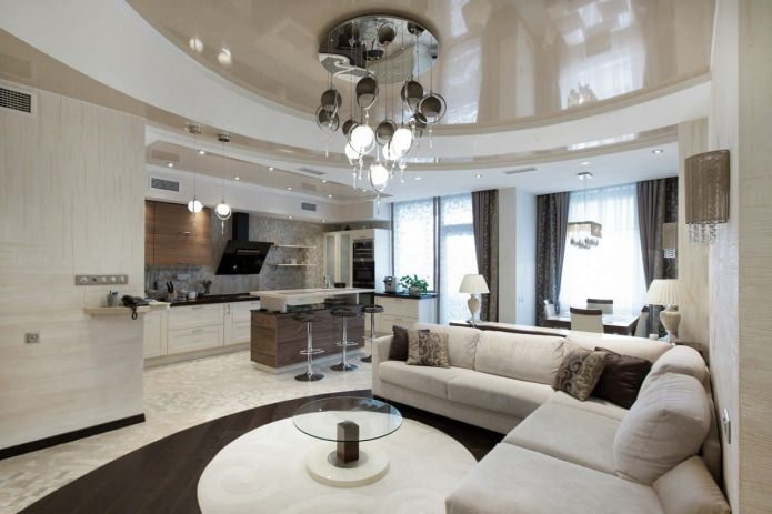 two-level stretch ceiling in the kitchen-living room