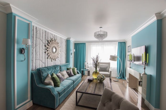 Blue color in the living room interior with a fireplace