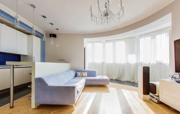 kitchen-living room design with a white ceiling