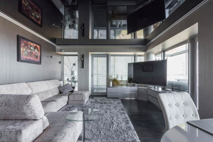 glossy black stretch ceiling in the living room
