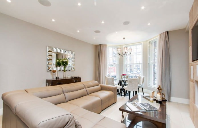 spot lighting in the living room with stretch ceilings