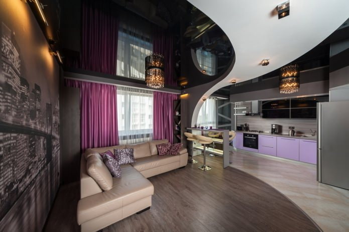 Two-level stretch ceiling in the kitchen-living room