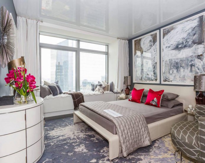 single-level glossy stretch ceiling in a white bedroom