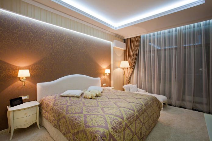 stretch ceiling in the bedroom with lighting