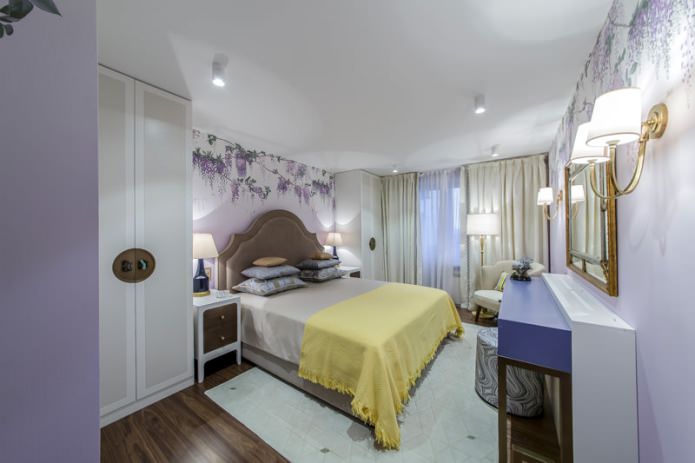 white single-level stretch ceiling in the bedroom interior