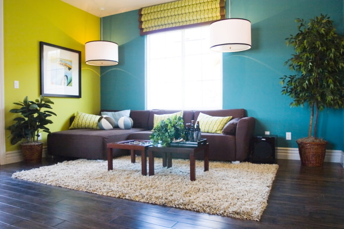 yellow and turquoise living room