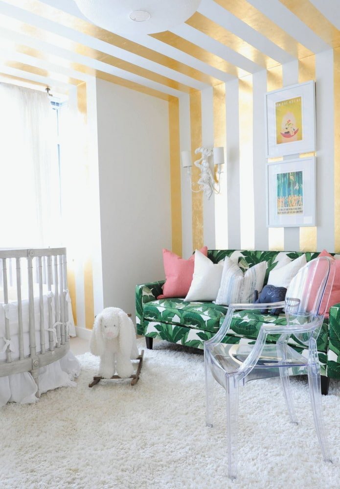 golden vertical stripes on the wall with an overlap on the ceiling