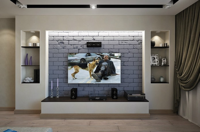 TV in a niche with backlight in the interior