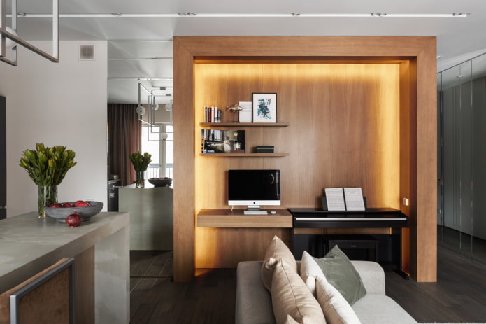 niche with wooden trim in the living room interior
