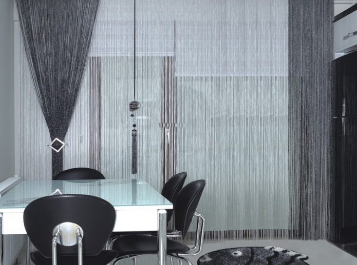 thread curtains in the kitchen interior