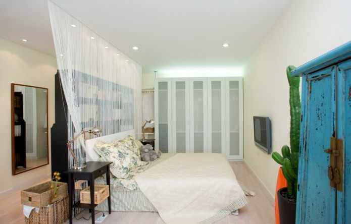 Bedroom with white thread curtains
