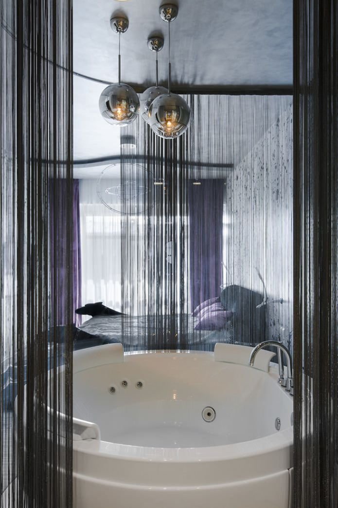 black thread curtains in the bathroom