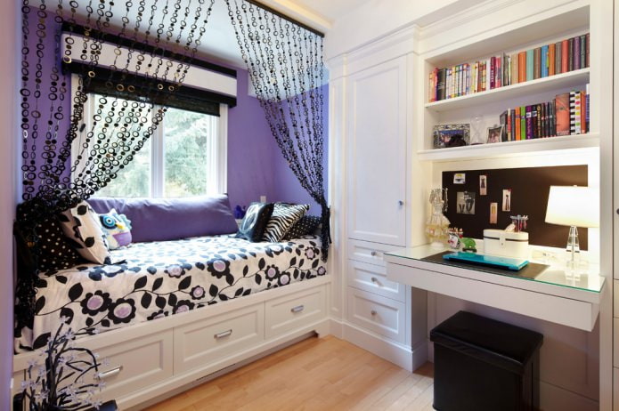 black thread curtains in the interior of a child's room