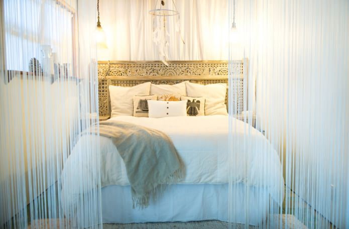 Bedroom with white thread curtains curtains