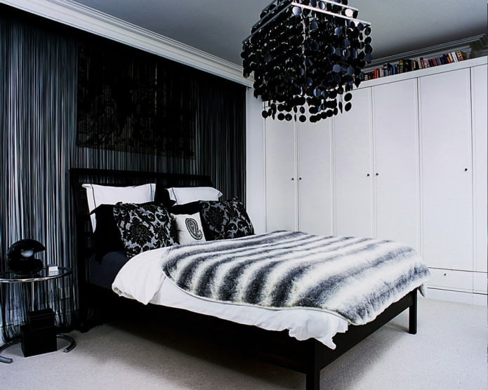 Bedroom with black thread curtains