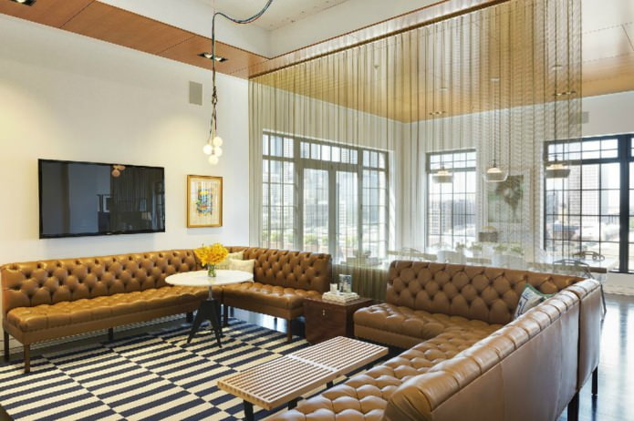 Thread curtains in the living room interior